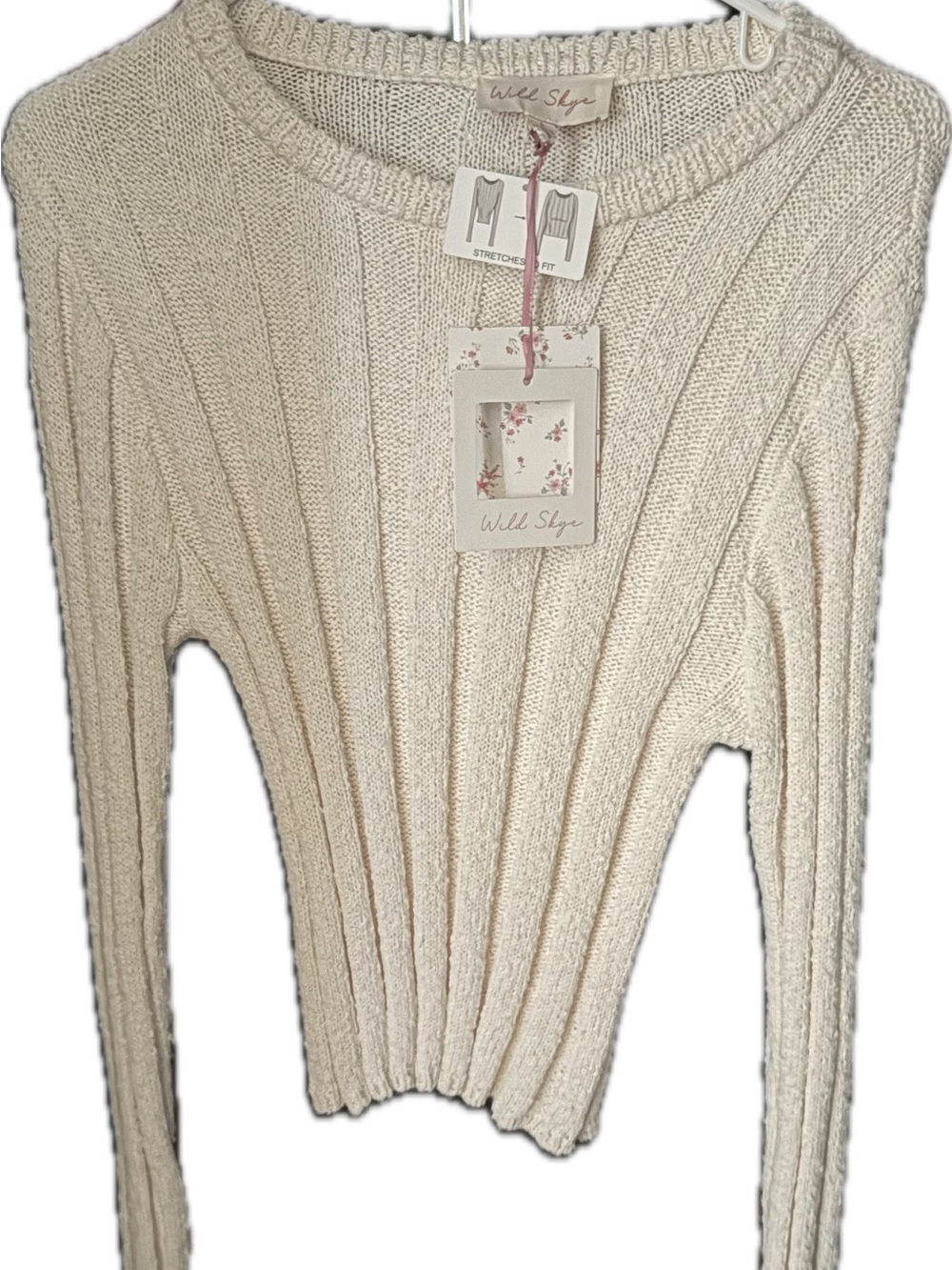 Wild Sky Cream Ribbed Crewneck Sweater - Women's